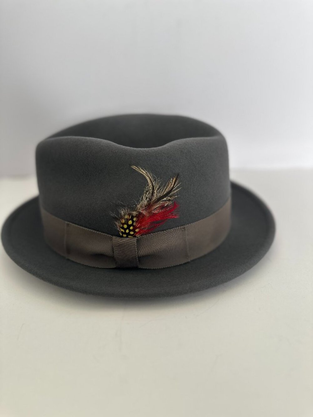 Belfry Handmade Dark Grey Wool Fedora Hat Size Small Feather Accent USA Made
